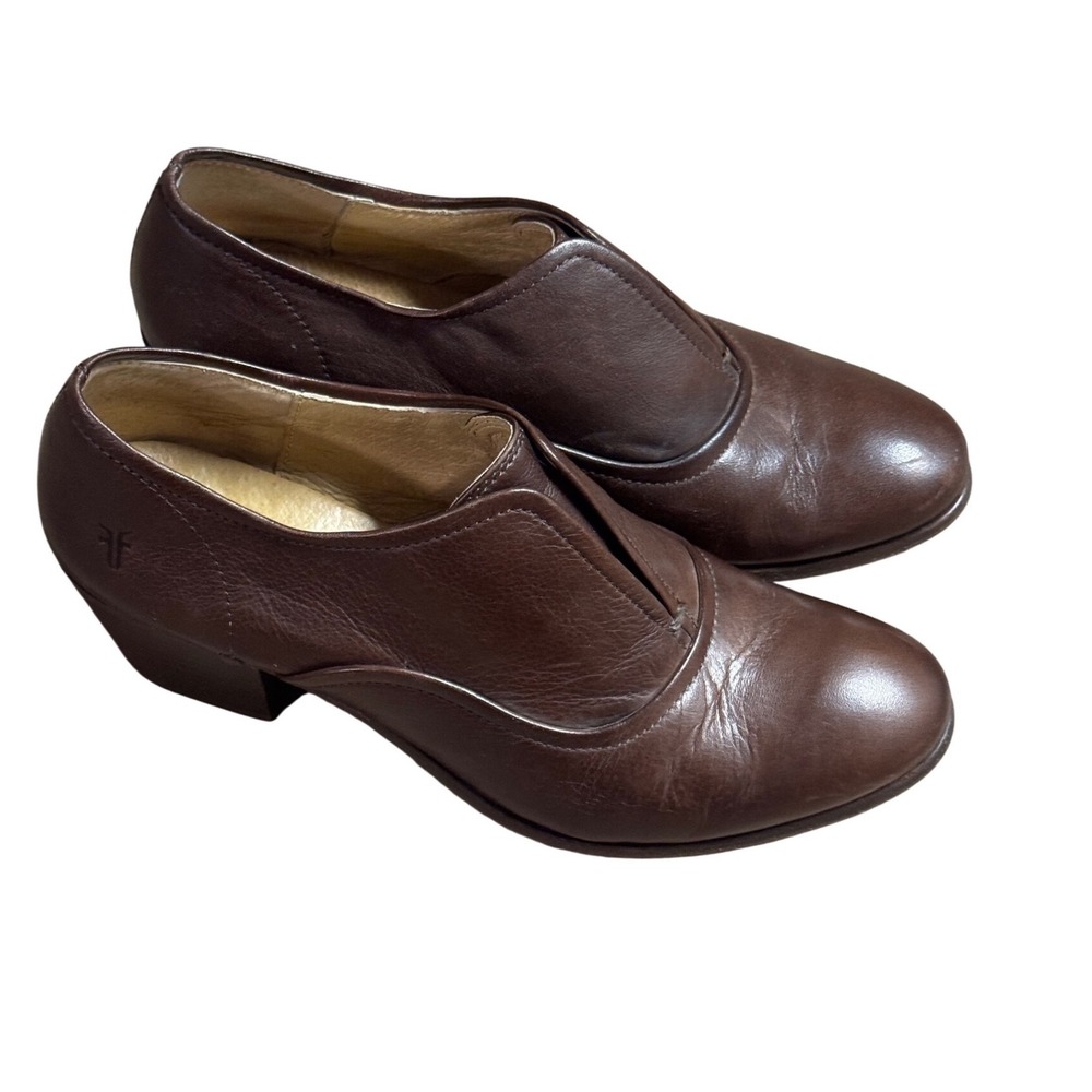 Frye Stella Dark Brown Leather Slip On Oxford Shootie Block Heel Shoes 8